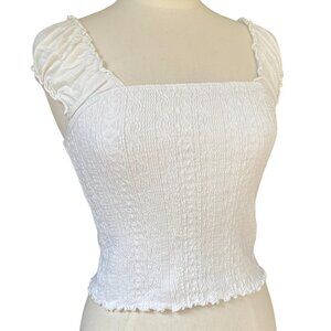 Moamoa Smocked Fitted Top Sz M White Textured Cottagecore Boho Festival Peasant
